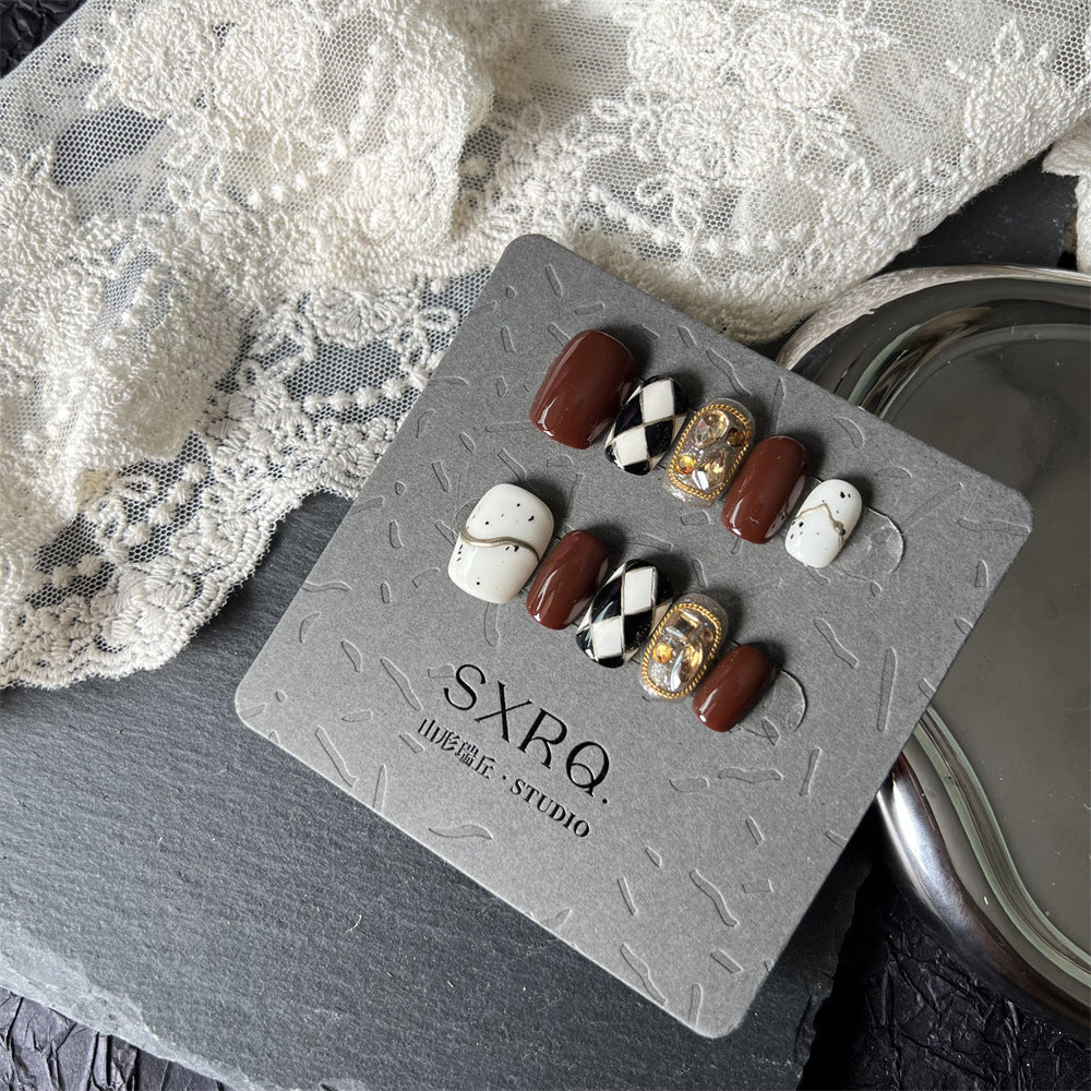 Pure Hand Drawing Autumn Nail Set with Warm Chocolate Oval Packaging - Teleplus pure hand drawing autumn warm chocolate