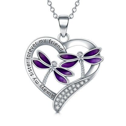 Purple Dragonfly Pendant Necklace in White Gold Plated Sterling Silver - Whimsical White Gold Dragonfly Pendant Necklace