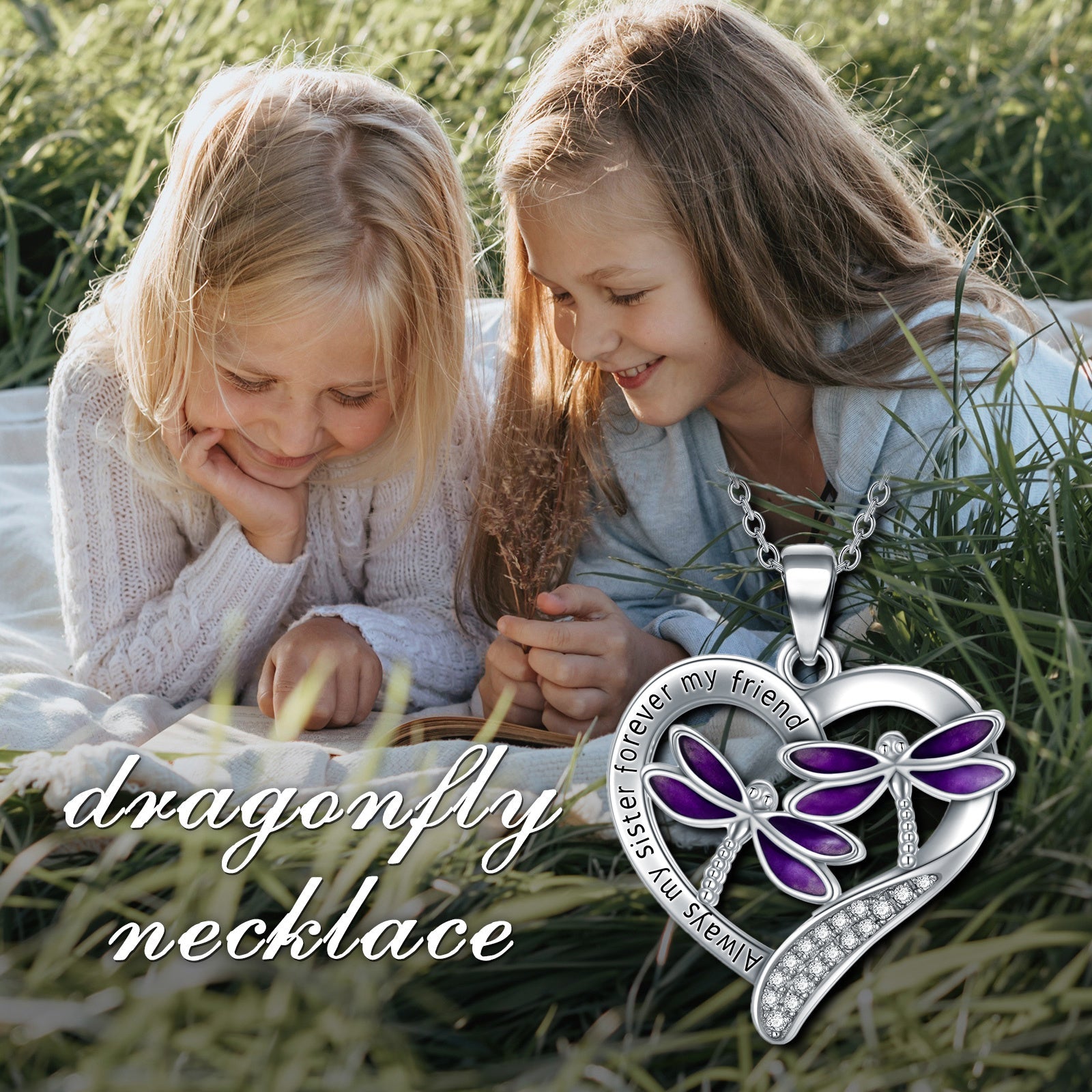 Purple Dragonfly Pendant Necklace in White Gold Plated Sterling Silver - Whimsical White Gold Dragonfly Pendant Necklace