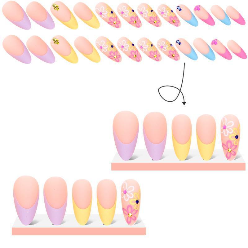 Rainbow Small Flower Nail Art Tips for Pointed Toe Nails and Rhinestones - Teleplus rainbow small flower pointed toe