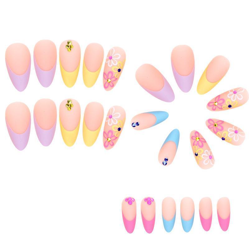 Rainbow Small Flower Nail Art Tips for Pointed Toe Nails and Rhinestones - Teleplus rainbow small flower pointed toe
