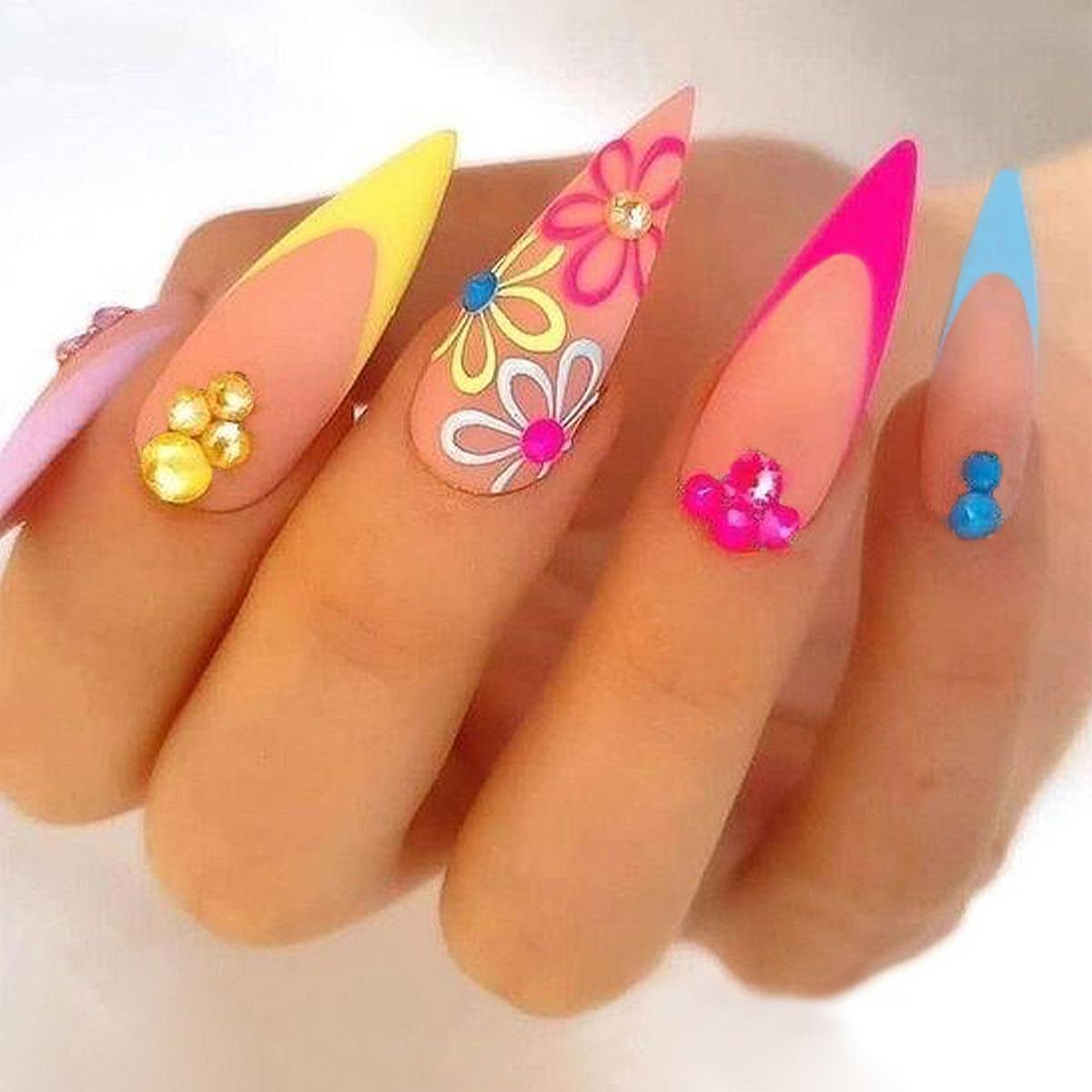 Rainbow Small Flower Nail Art Tips for Pointed Toe Nails and Rhinestones - Teleplus rainbow small flower pointed toe