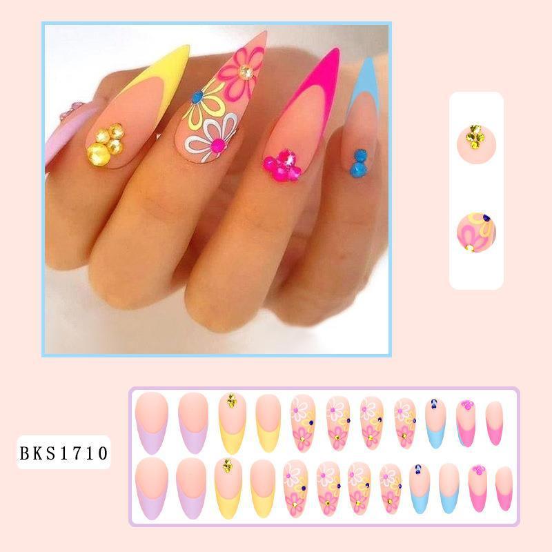 Rainbow Small Flower Nail Art Tips for Pointed Toe Nails and Rhinestones - Teleplus rainbow small flower pointed toe