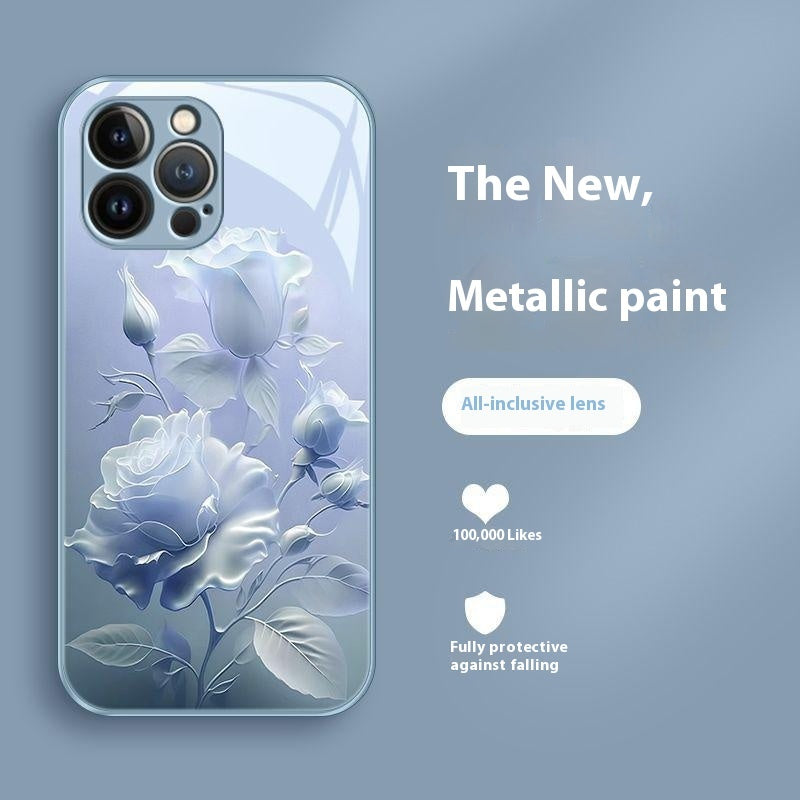 Red Blooming Rose Glass Painted Phone Case for Enhanced Durability - blooming rose glass painted phone case