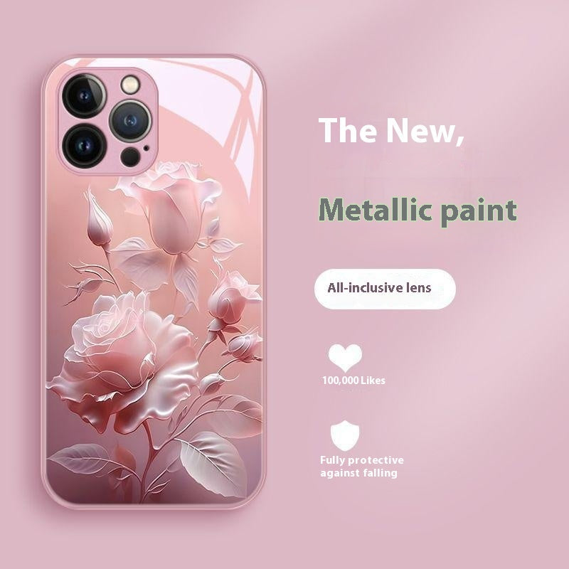 Red Blooming Rose Glass Painted Phone Case for Enhanced Durability - blooming rose glass painted phone case