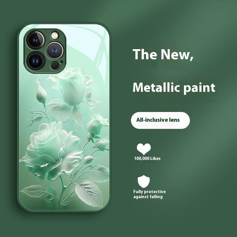 Red Blooming Rose Glass Painted Phone Case for Enhanced Durability - blooming rose glass painted phone case