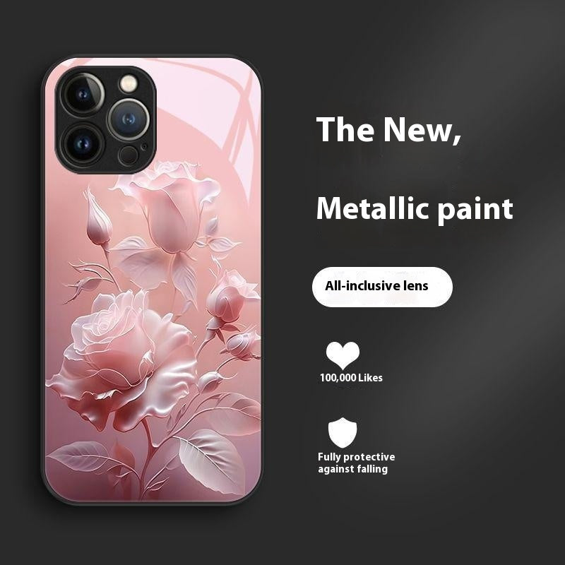 Red Blooming Rose Glass Painted Phone Case for Enhanced Durability - blooming rose glass painted phone case