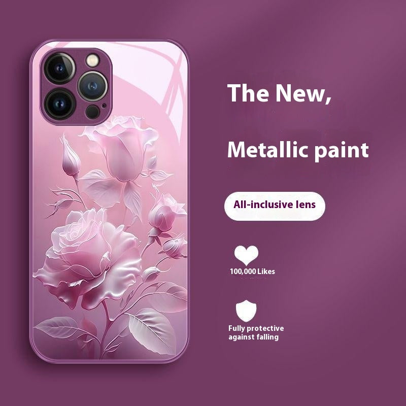 Red Blooming Rose Glass Painted Phone Case for Enhanced Durability - blooming rose glass painted phone case