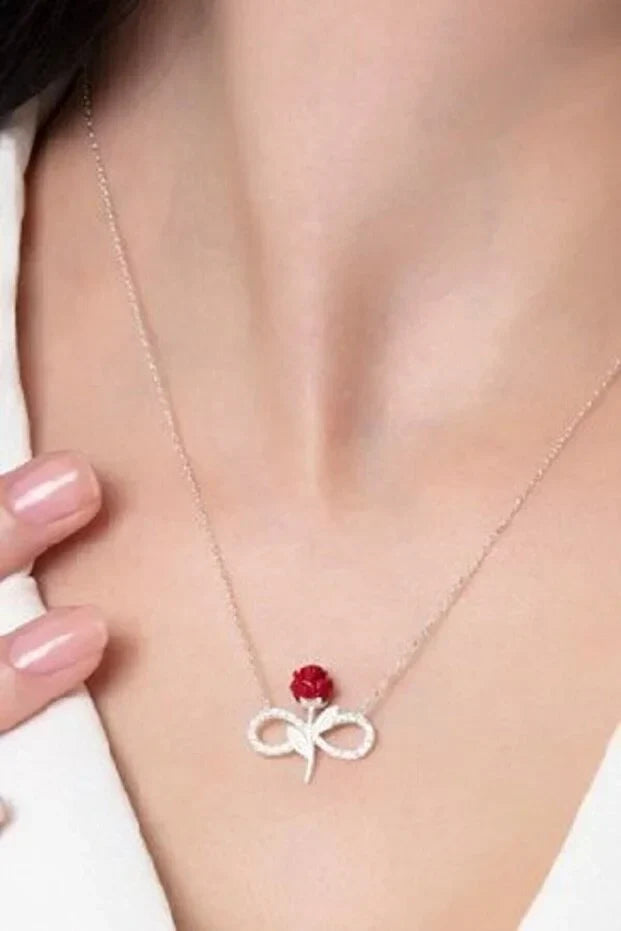 925 Sterling Silver Red Rose Infinity Necklace with White Stone