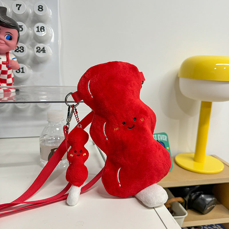 Red Soft Plush Crossbody Bag with Contrast Color Round Design - Teleplus stick plush crossbody bag