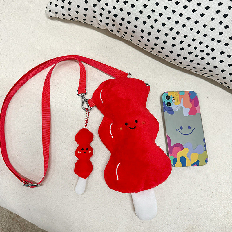 Red Soft Plush Crossbody Bag with Contrast Color Round Design - Teleplus stick plush crossbody bag