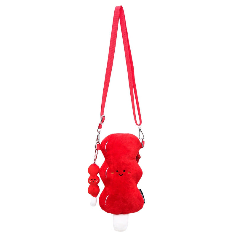 Red Soft Plush Crossbody Bag with Contrast Color Round Design - Teleplus stick plush crossbody bag