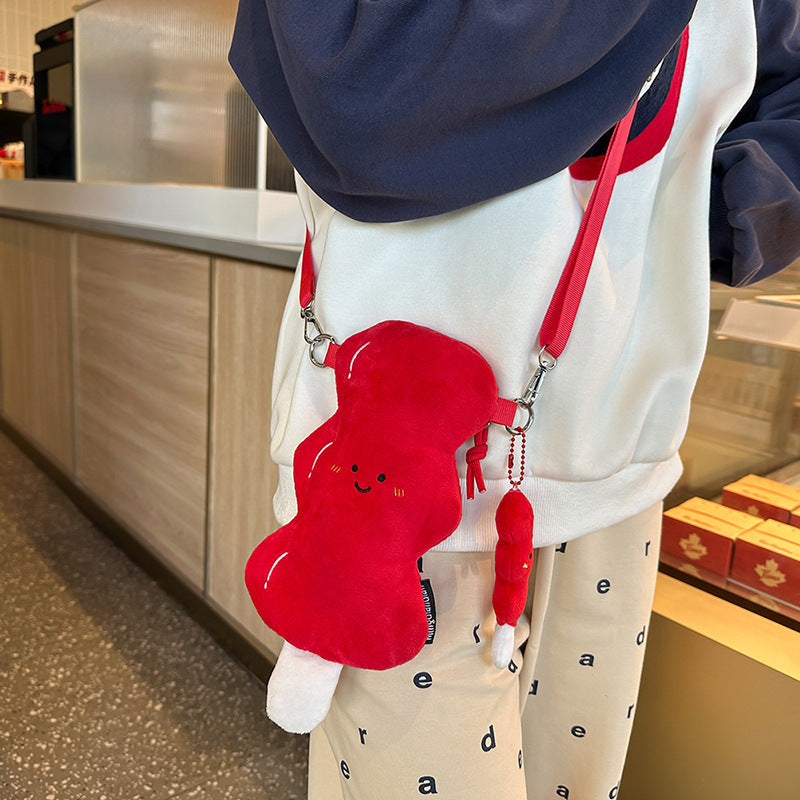 Red Soft Plush Crossbody Bag with Contrast Color Round Design - Teleplus stick plush crossbody bag
