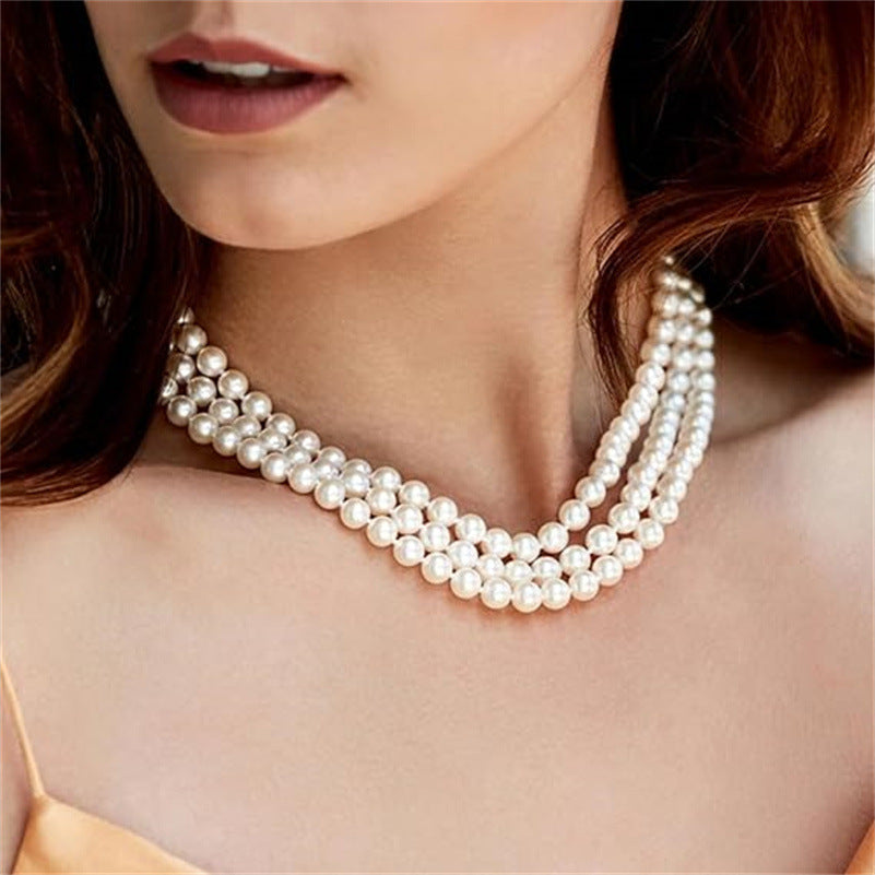 Retro Chinese Style Handmade Imitation Pearl Necklace for Women in the United States - Multi-layer united states chf