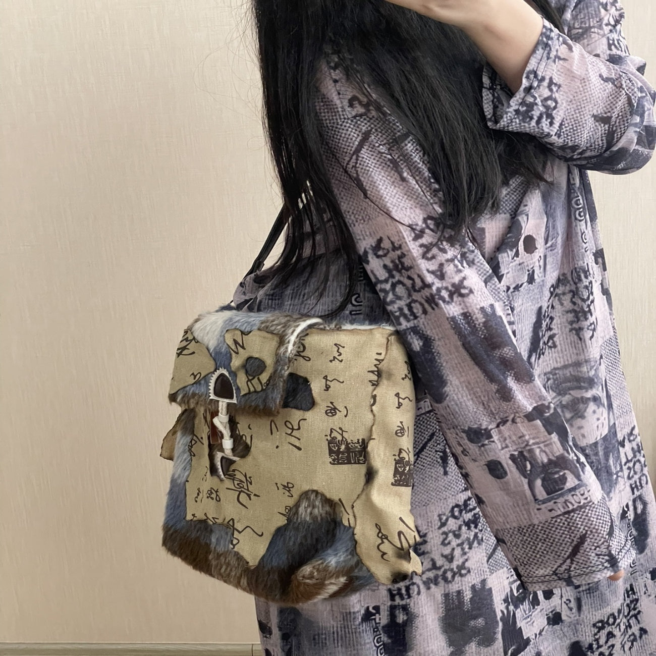 Retro distressed plush plaid shoulder bag with horn button strap - Teleplus Distressed Plush Plaid Shoulder Bag Horn