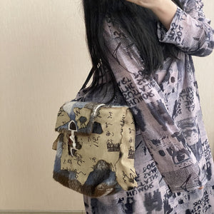 Retro distressed plush plaid shoulder bag with horn button strap - Teleplus Distressed Plush Plaid Shoulder Bag Horn