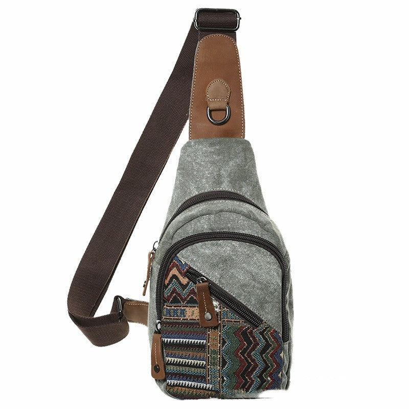 Retro Embroidery Travel Canvas Chest Bag with Geometric Pattern and Anti-Theft Design - retro embroidery travel canvas