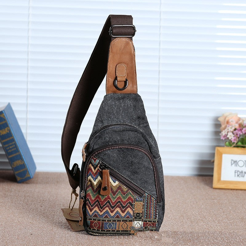 Retro Embroidery Travel Canvas Chest Bag with Geometric Pattern and Anti-Theft Design - retro embroidery travel canvas