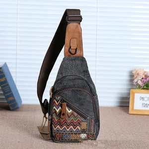 Retro Embroidery Travel Canvas Chest Bag with Geometric Pattern and Anti-Theft Design - retro embroidery travel canvas