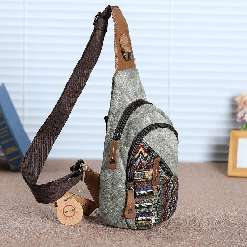 Retro Embroidery Travel Canvas Chest Bag with Geometric Pattern and Anti-Theft Design - retro embroidery travel canvas