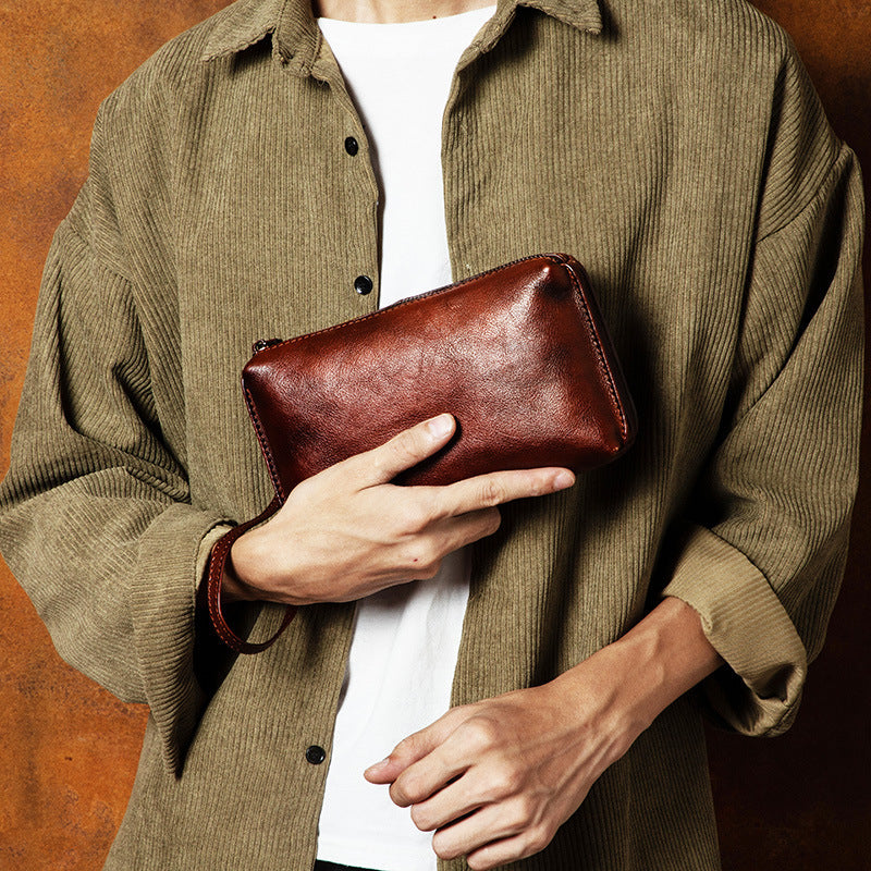 Men’s Dark Brown Vegetable Tanned Leather Wallet for Business Travel in the United States - Retro Hand-rub Color