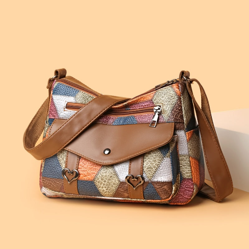 Retro Patchwork Contrast Shoulder Bag with Soft PU Design - Teleplus retro patchwork contrast color shoulder bag