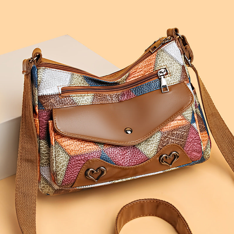 Retro Patchwork Contrast Shoulder Bag with Soft PU Design - Teleplus retro patchwork contrast color shoulder bag