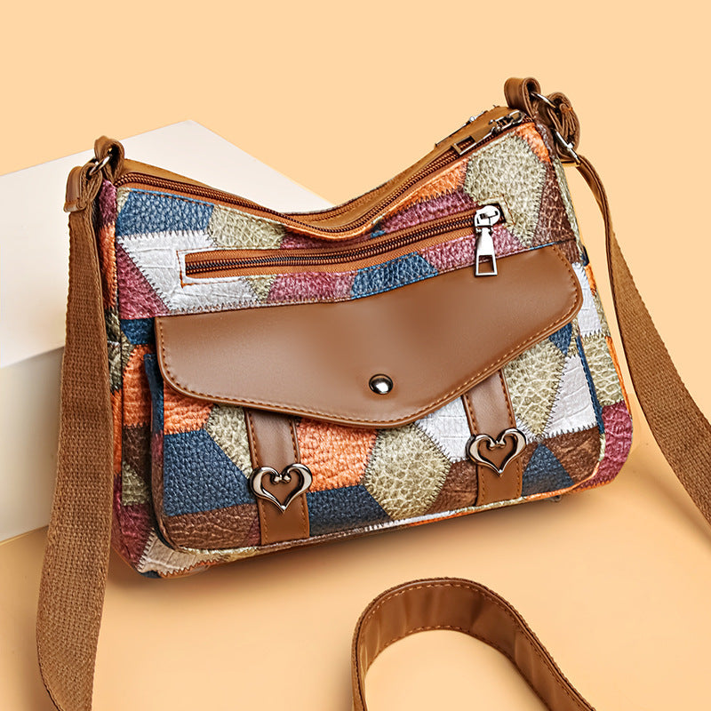 Retro Patchwork Contrast Shoulder Bag with Soft PU Design - Teleplus retro patchwork contrast color shoulder bag