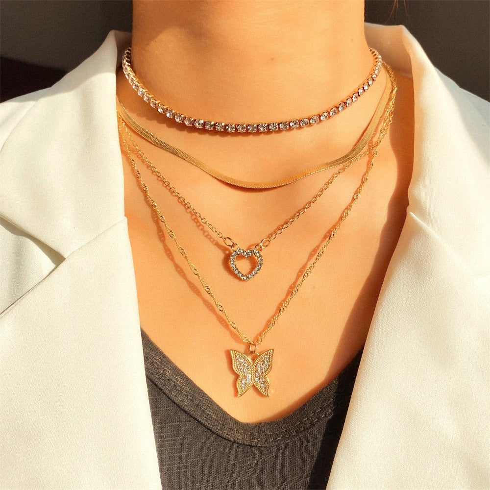Rhinestone Diamond Love Pendant Chain Geometric Alloy Necklace 81cm and above - Multi-layer rhinestone diamond love