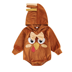 Dark Brown Cotton Hooded Sweater Suitable for All Seasons in the United States - Chicken-Shaped Romper Tiny