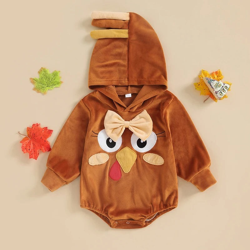 Dark Brown Cotton Hooded Sweater Suitable for All Seasons in the United States - Chicken-Shaped Romper Tiny