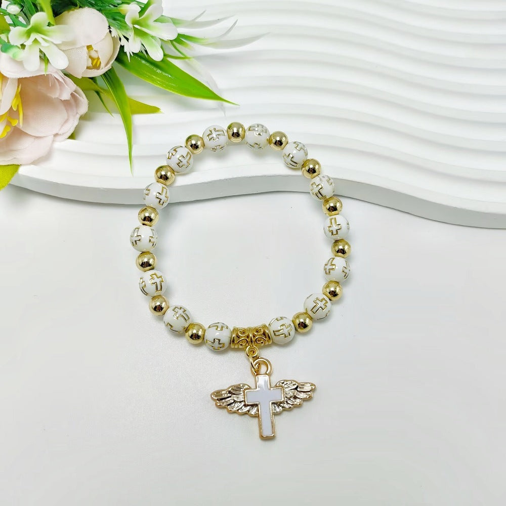 Rosary Bracelet Bronzing Acrylic Cross Bead Bracelet - Rosary Bracelet with Bronzing Acrylic Cross Beads