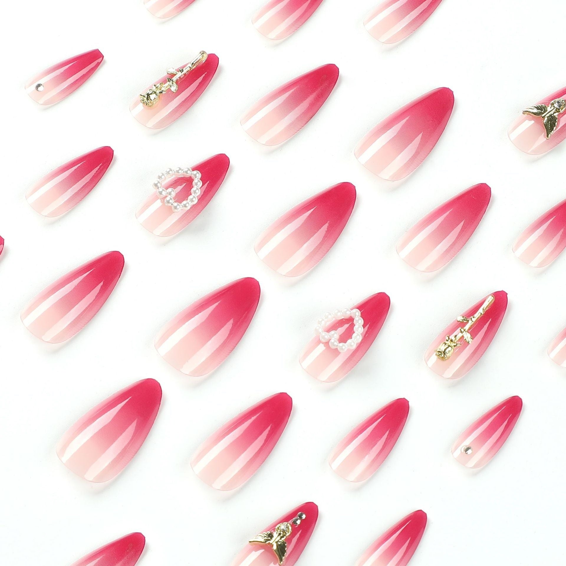 Rose Pearl Fake Nails with Armor Red Gradient and Jelly Glue Adhesive - Teleplus wear armor red gradient rose pearl fake