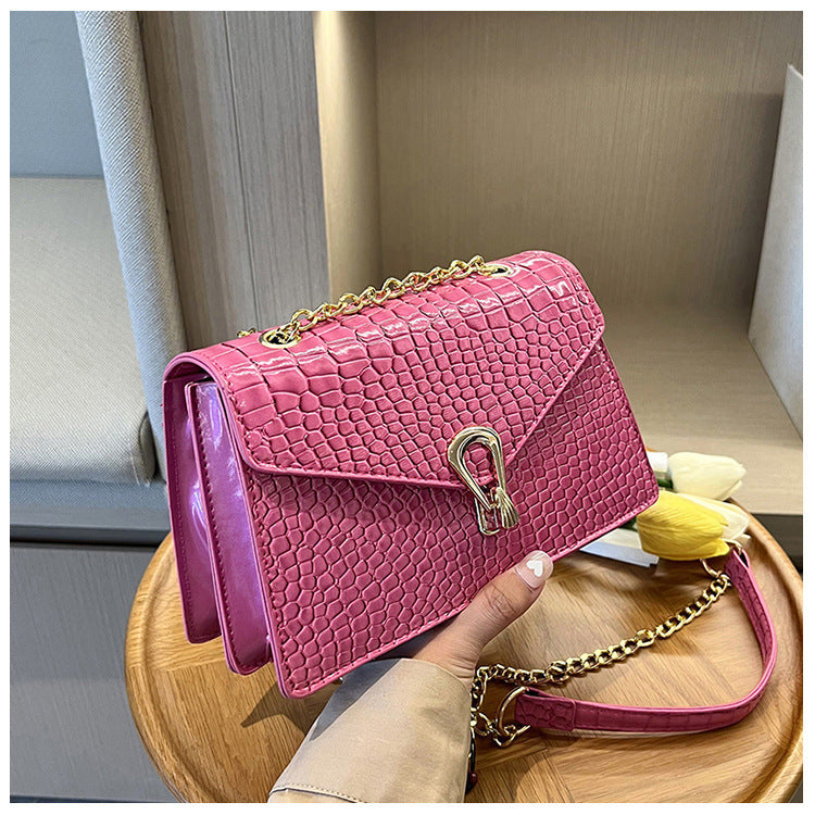 Rose Red Crocodile Pattern Chain Bag with Synthetic Leather and Sandwich Pocket - rose red crocodile pattern chain bag