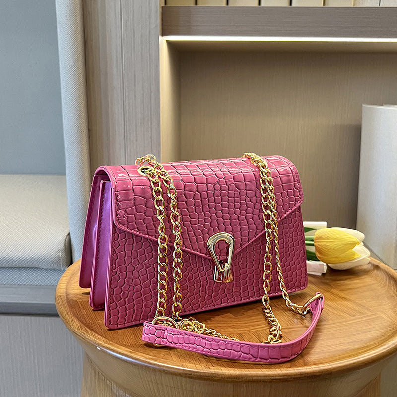 Rose Red Crocodile Pattern Chain Bag with Synthetic Leather and Sandwich Pocket - rose red crocodile pattern chain bag