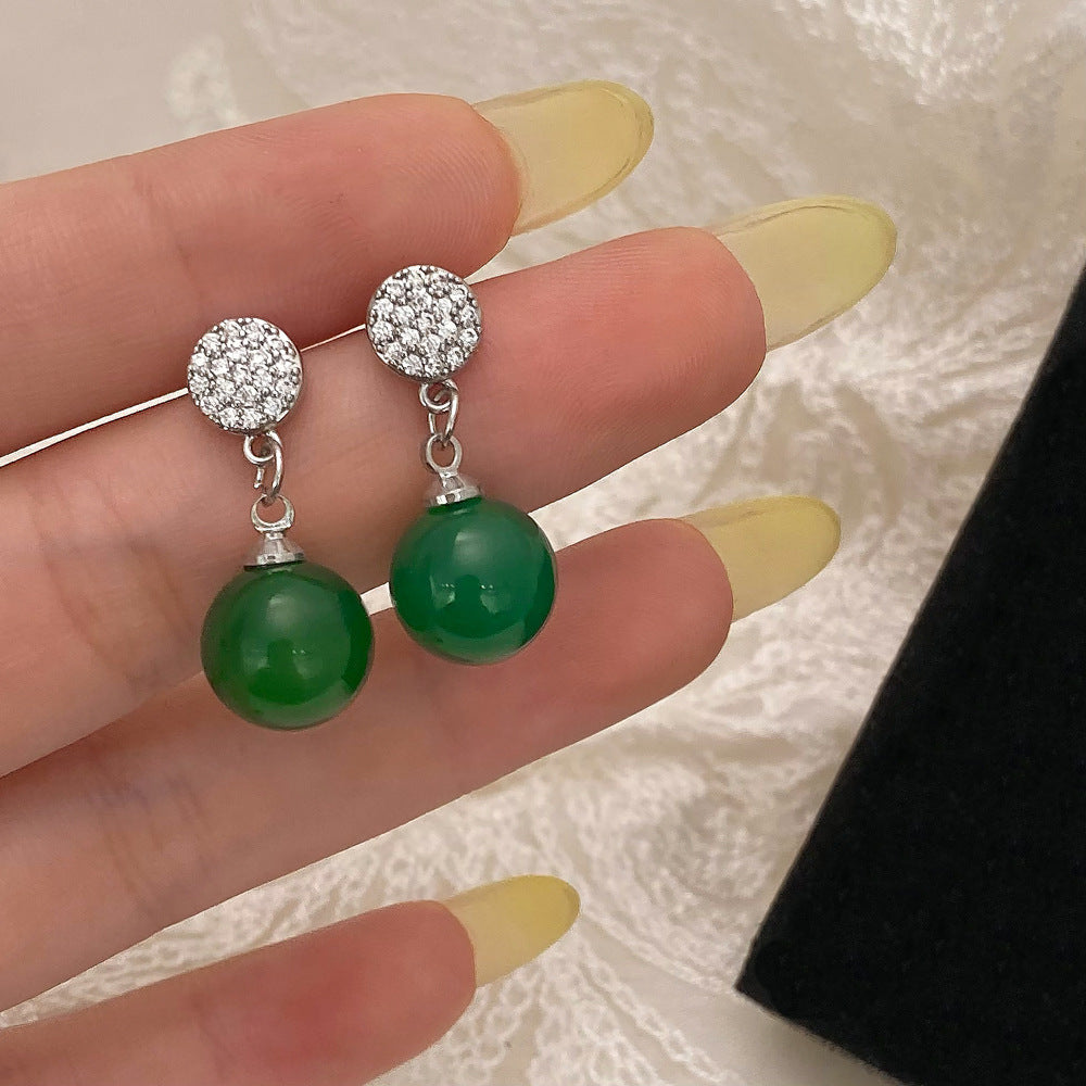 Round Diamond Emerald Stud Earrings Niche Zircon - Chalcedony Pendant Magic with Inlaid Zircon Sparkle