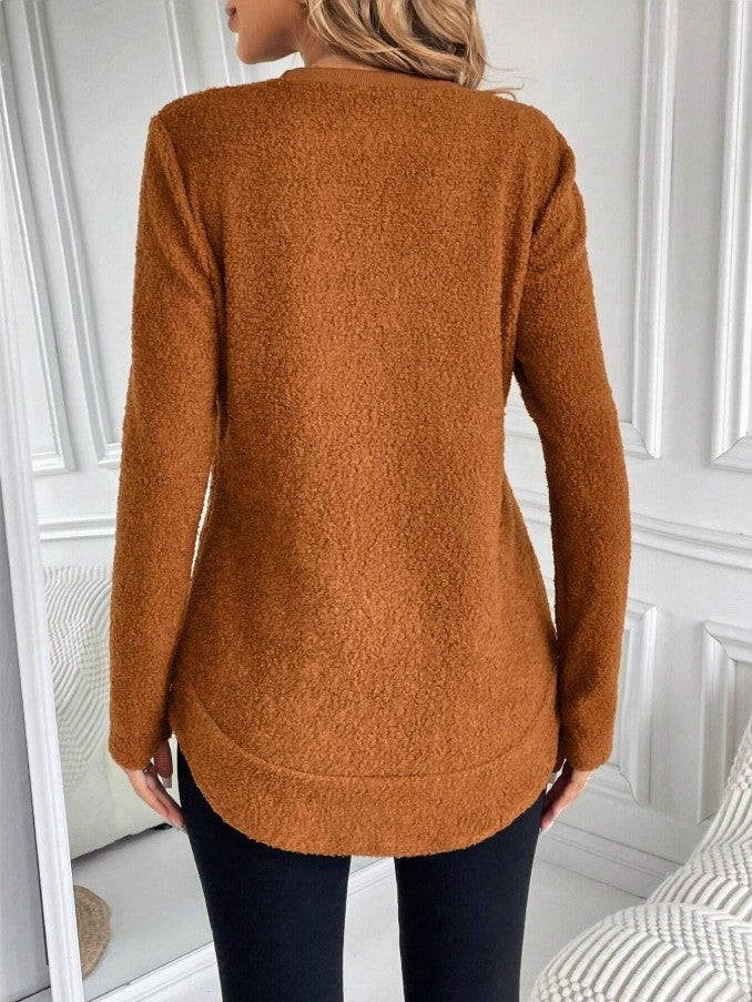 Round Neck Long Sleeve Top Brown Beige Womens Casual Polyester Shirt - Teleplus round neck