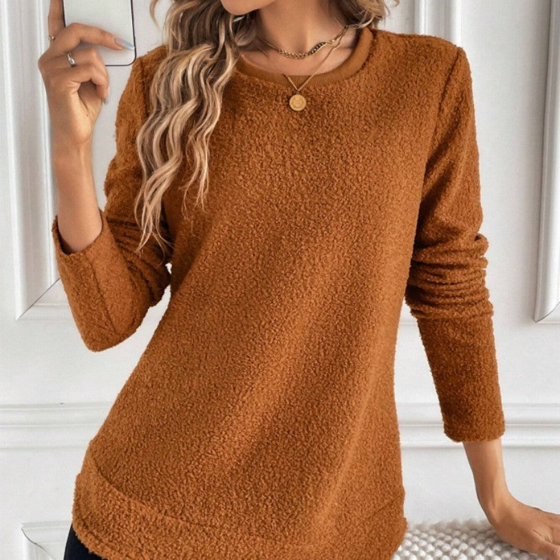 Round Neck Long Sleeve Top Brown Beige Womens Casual Polyester Shirt - Teleplus round neck