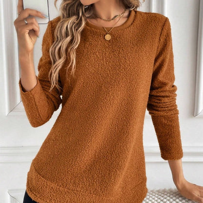 Round Neck Long Sleeve Top Brown Beige Womens Casual Polyester Shirt - Teleplus round neck