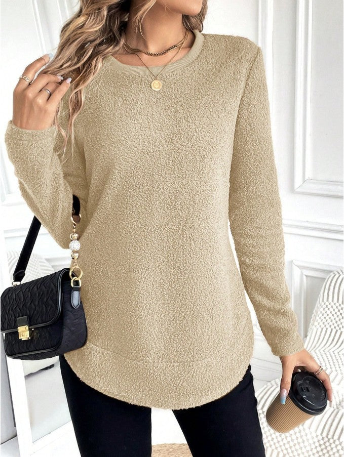 Round Neck Long Sleeve Top Brown Beige Womens Casual Polyester Shirt - Teleplus round neck