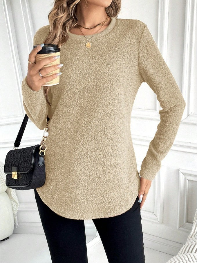 Round Neck Long Sleeve Top Brown Beige Womens Casual Polyester Shirt - Teleplus round neck