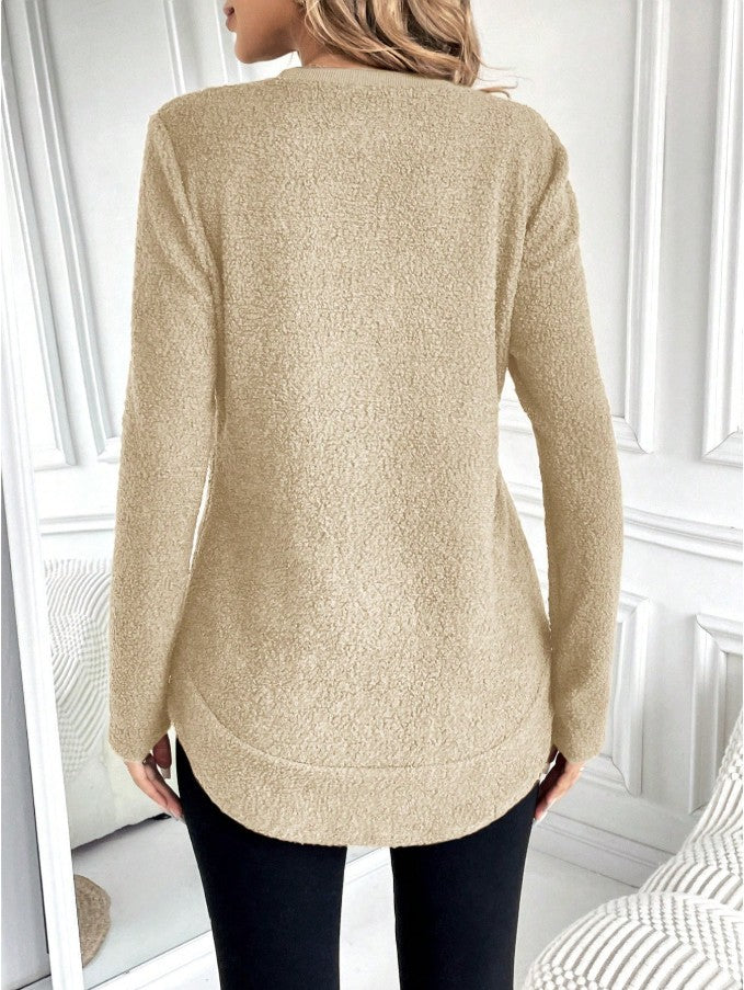 Round Neck Long Sleeve Top Brown Beige Womens Casual Polyester Shirt - Teleplus round neck