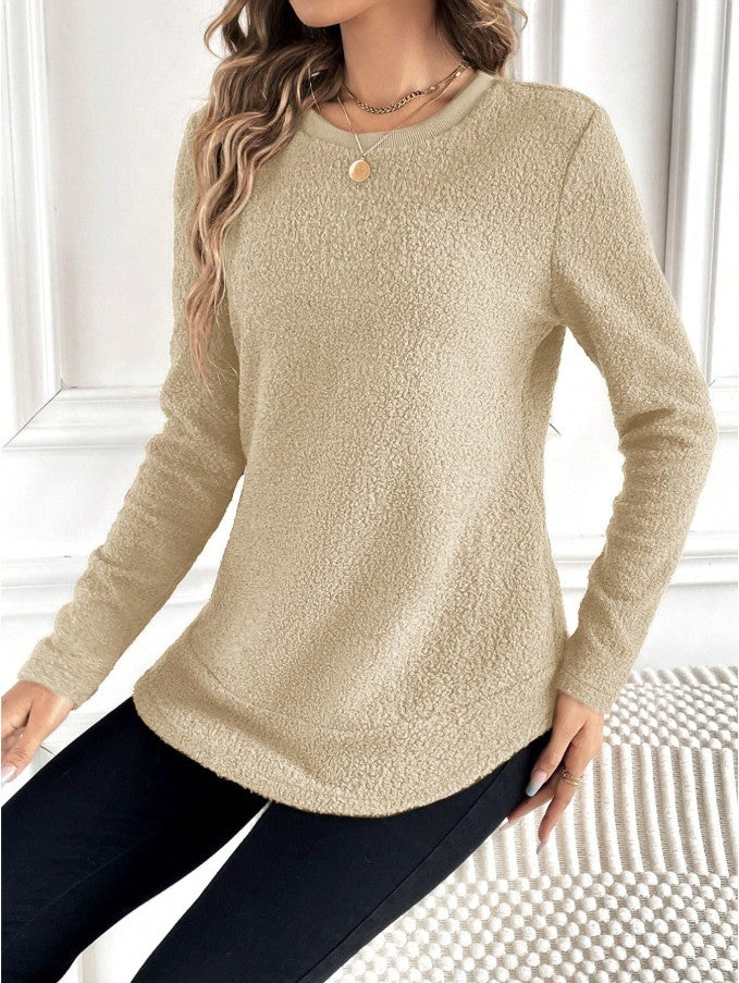 Round Neck Long Sleeve Top Brown Beige Womens Casual Polyester Shirt - Teleplus round neck