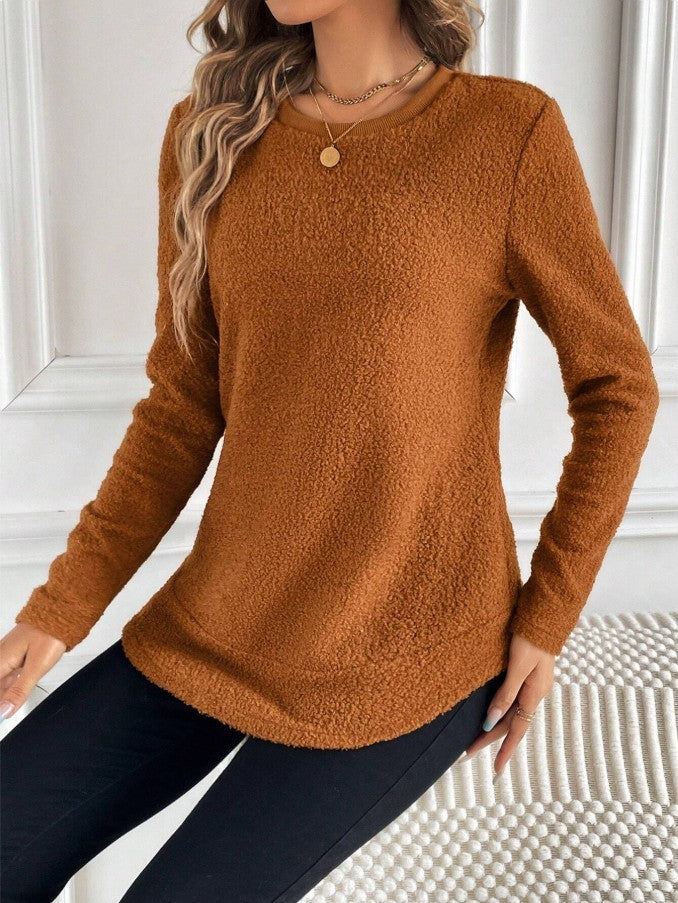 Round Neck Long Sleeve Top Brown Beige Womens Casual Polyester Shirt - Teleplus round neck