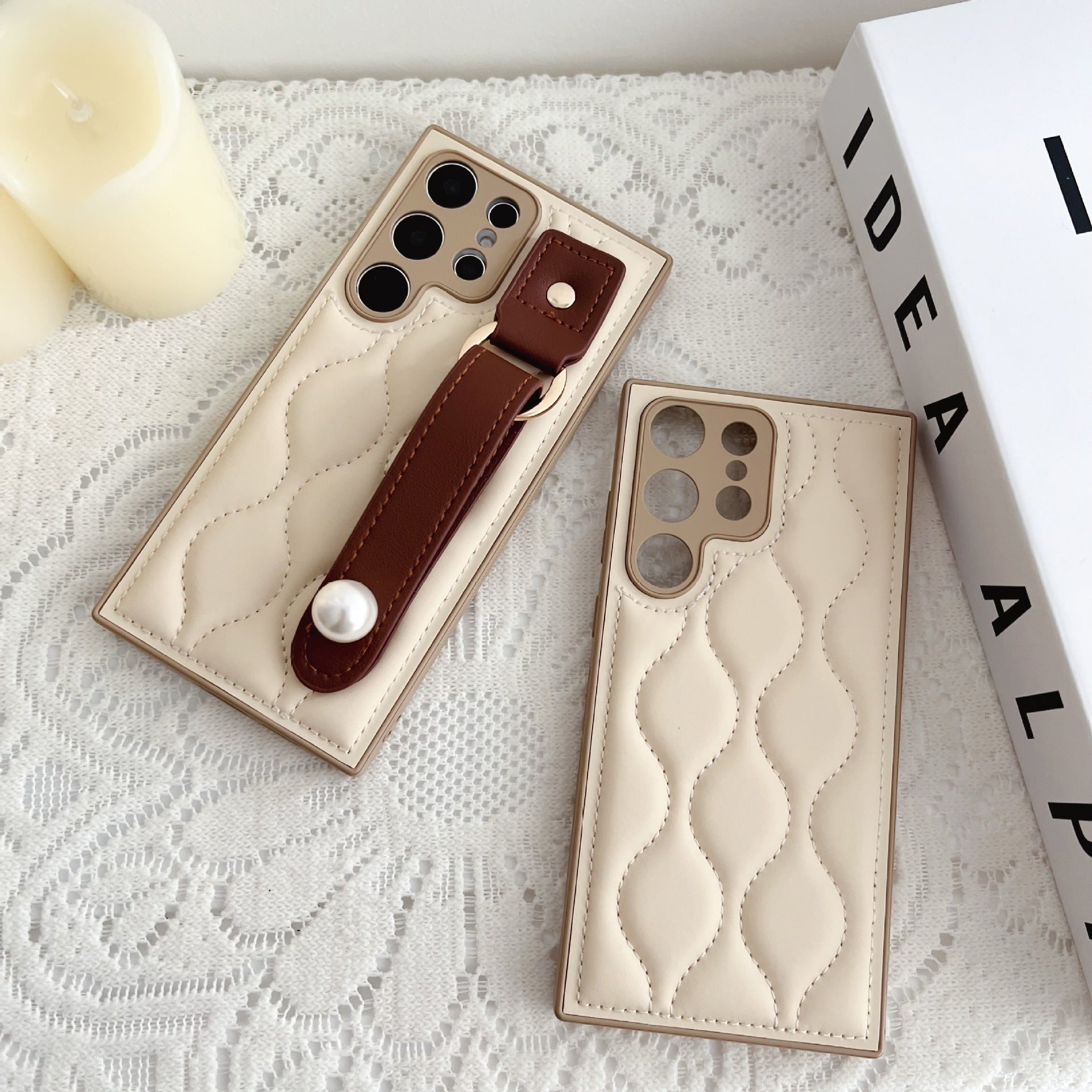 Creamy White Samsung Leather Phone Case with Wrist Strap S24 S23 Ultra - Teleplus wrist strap s24 s23ultra