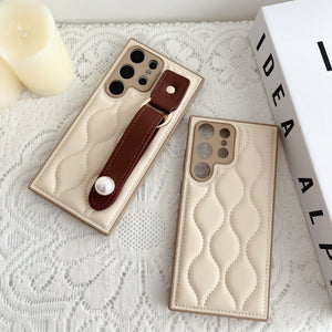 Creamy White Samsung Leather Phone Case with Wrist Strap S24 S23 Ultra - Teleplus wrist strap s24 s23ultra