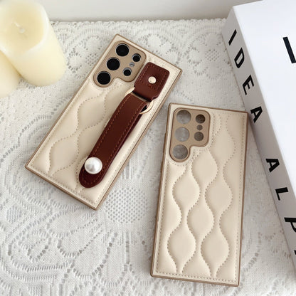 Creamy White Samsung Leather Phone Case with Wrist Strap S24 S23 Ultra - Teleplus wrist strap s24 s23ultra