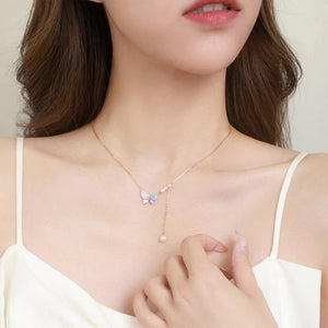Silver butterfly pearl necklace with blue and pink diamonds for women in the United States - S925 Butterfly Pearl