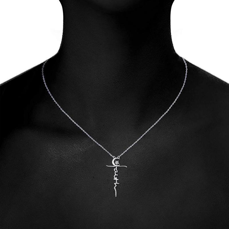 S925 Sterling Silver Faith Cross Moon and Star Necklace Pendant Jewelry - Faith Cross Moon Star Necklace for Stellar