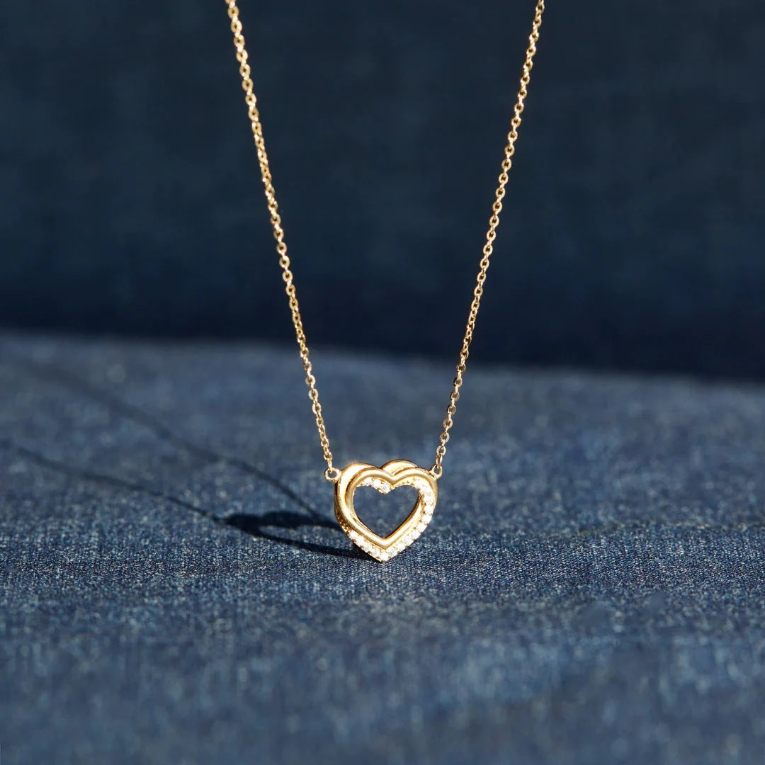 S925 Sterling Silver Overlapping Double Hollow Heart Necklace For Women - Heartfelt Sparkle for Women Who Love to Shine